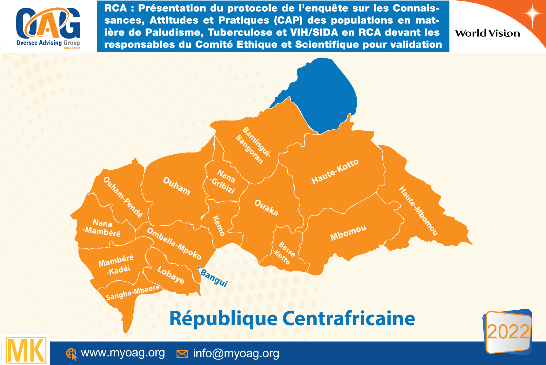 RCA : OAG présente le protocole de l’enquête sur les Connaissances, Attitudes et Pratiques (CAP) des populations en matière de Paludisme, Tuberculose et VIH/SIDA en RCA à ICASEES - Institut Centrafricain des Statistiques et des Etudes Economiques et Sociales.